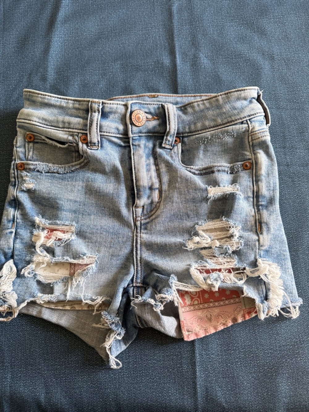American Eagle Outfitters Light Blue Distressed Denim Shorts with Pink Patch